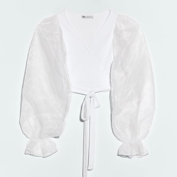 NWT Zara white wrap top with sheer organza puff sleeve - Picture 2 of 10